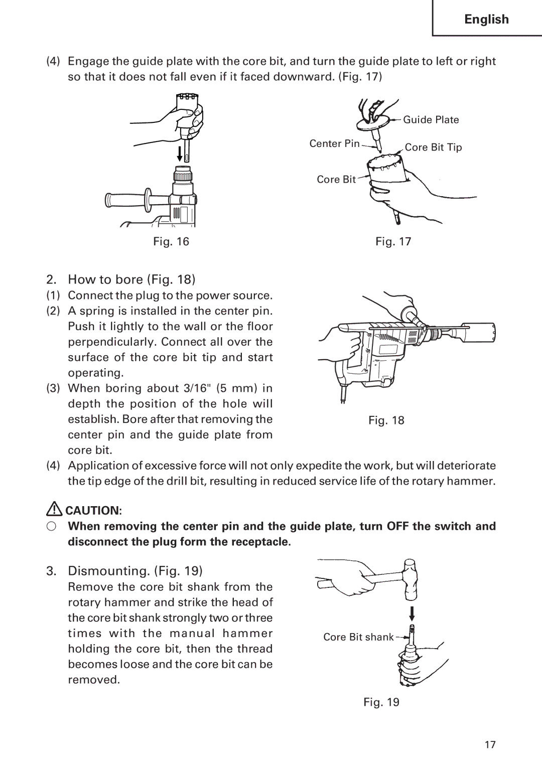 Hitachi DH30PC, DH30PB instruction manual How to bore Fig, Dismounting. Fig 