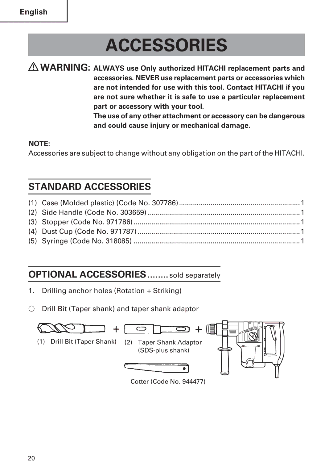 Hitachi DH30PB, DH30PC instruction manual Standard Accessories 