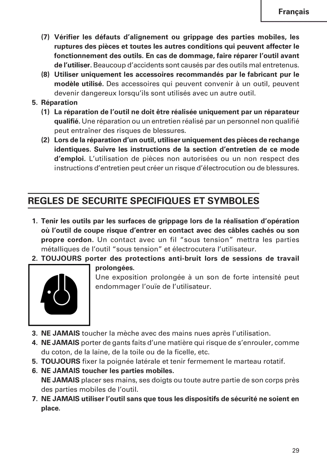 Hitachi DH30PC, DH30PB instruction manual Regles DE Securite Specifiques ET Symboles, NE Jamais toucher les parties mobiles 