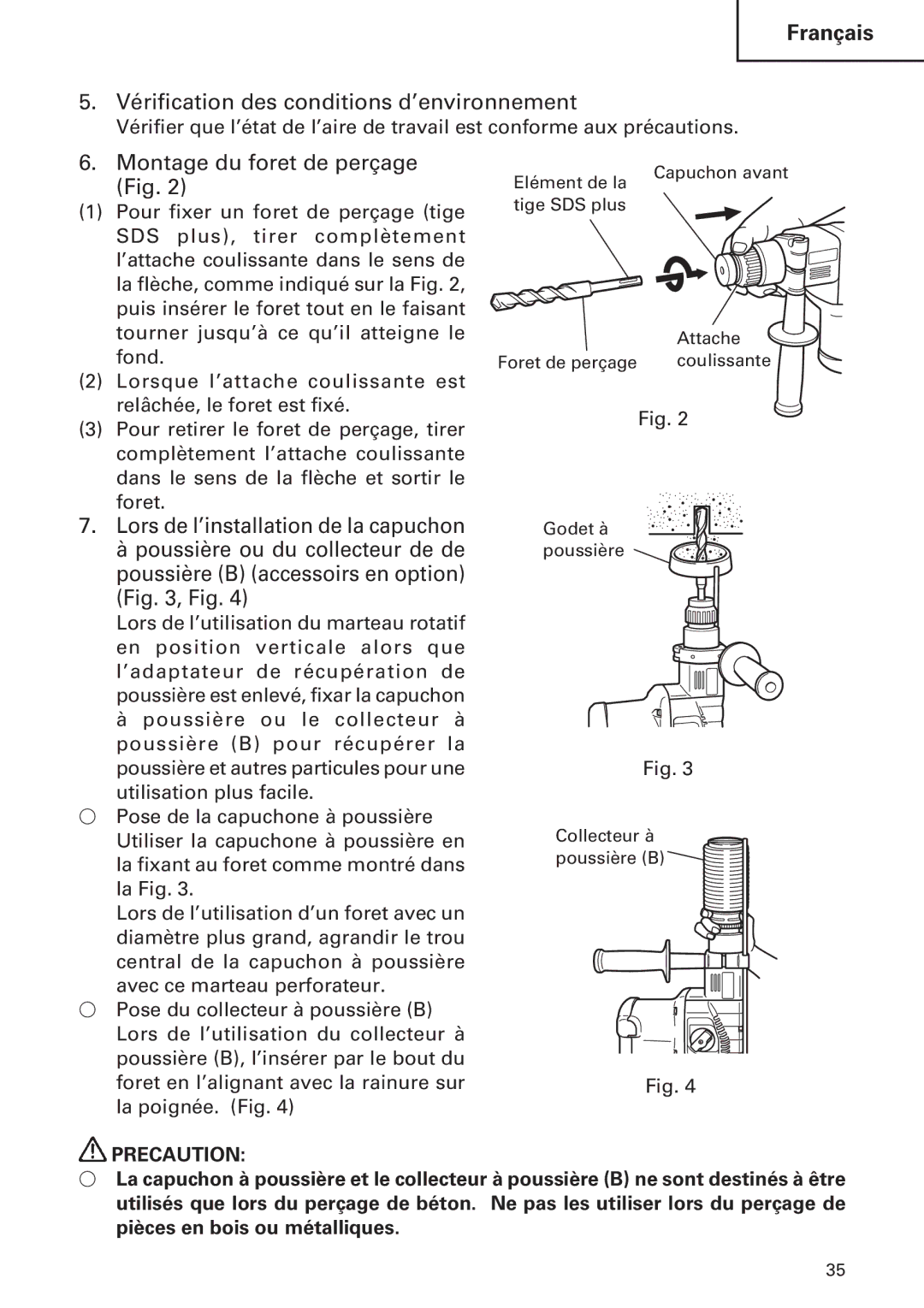 Hitachi DH30PC, DH30PB instruction manual Vérification des conditions d’environnement, Montage du foret de perçage Fig 