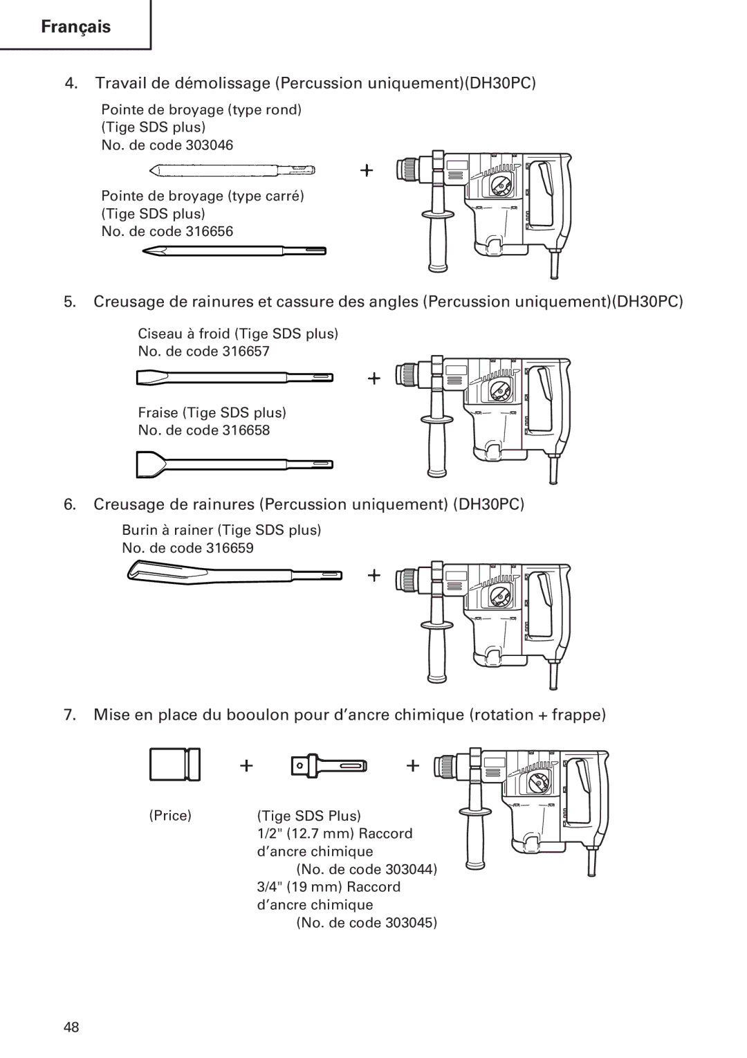 Hitachi DH30PB Travail de démolissage Percussion uniquementDH30PC, Creusage de rainures Percussion uniquement DH30PC 