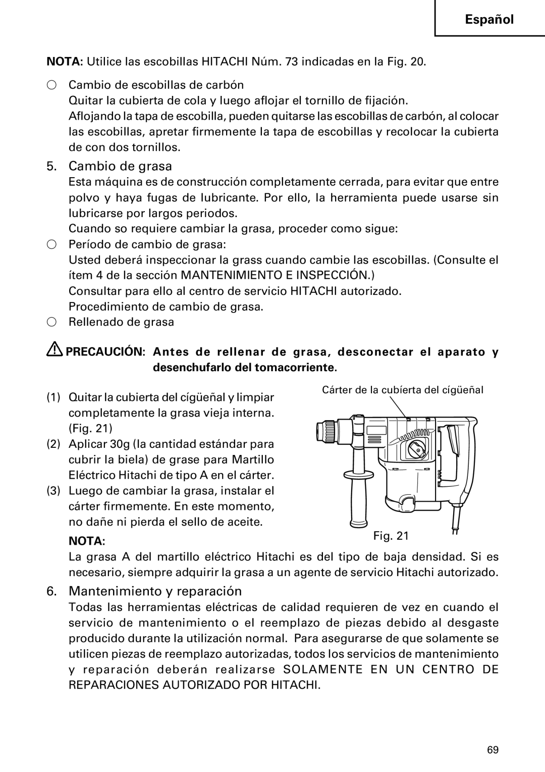 Hitachi DH30PC, DH30PB instruction manual Cambio de grasa, Mantenimiento y reparación 