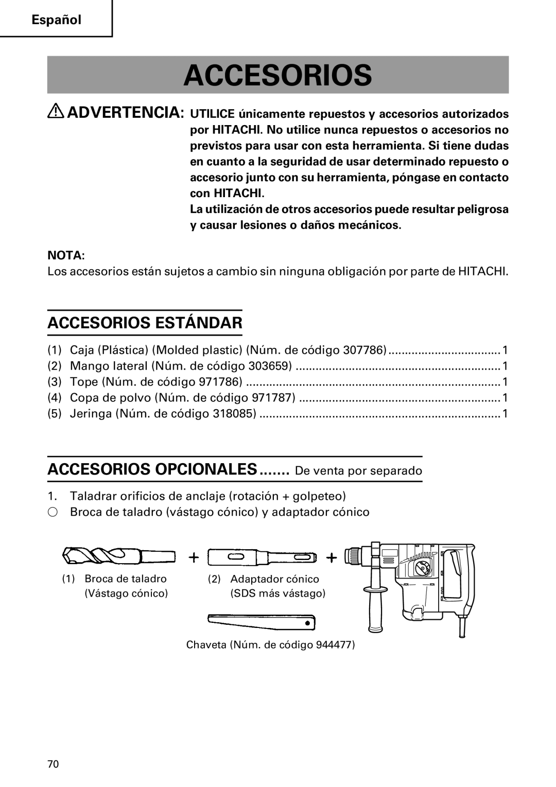 Hitachi DH30PB, DH30PC instruction manual Accesorios Estándar 