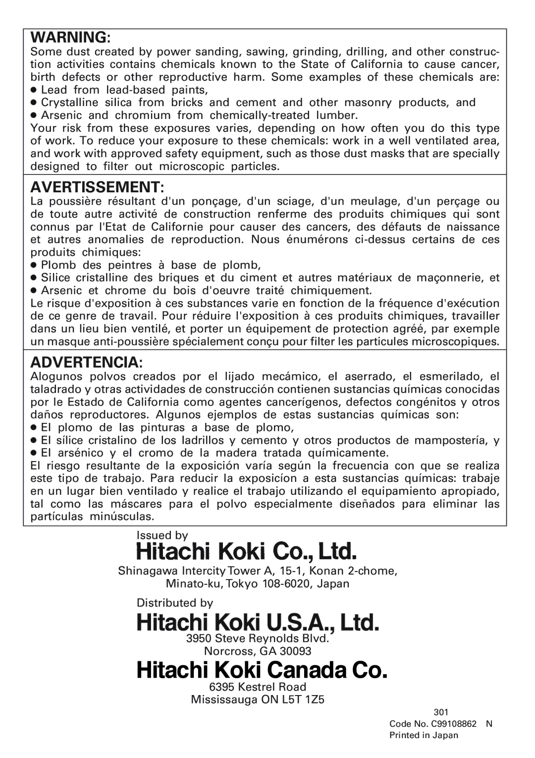 Hitachi DH30PB, DH30PC instruction manual Avertissement, Kestrel Road Mississauga on L5T 1Z5 