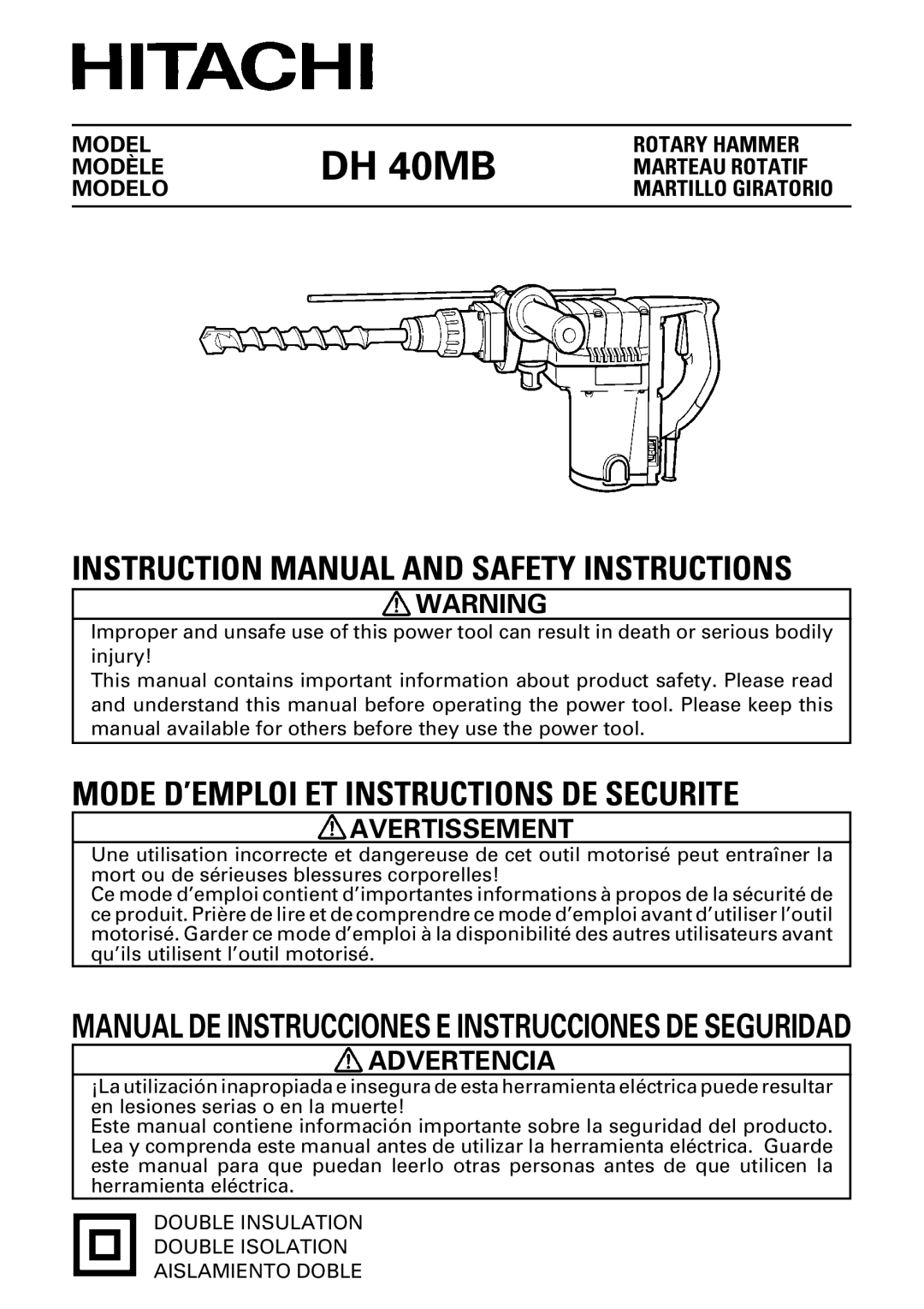 Hitachi DH40MB instruction manual DH 40MB, Manual DE Instrucciones E Instrucciones DE Seguridad 