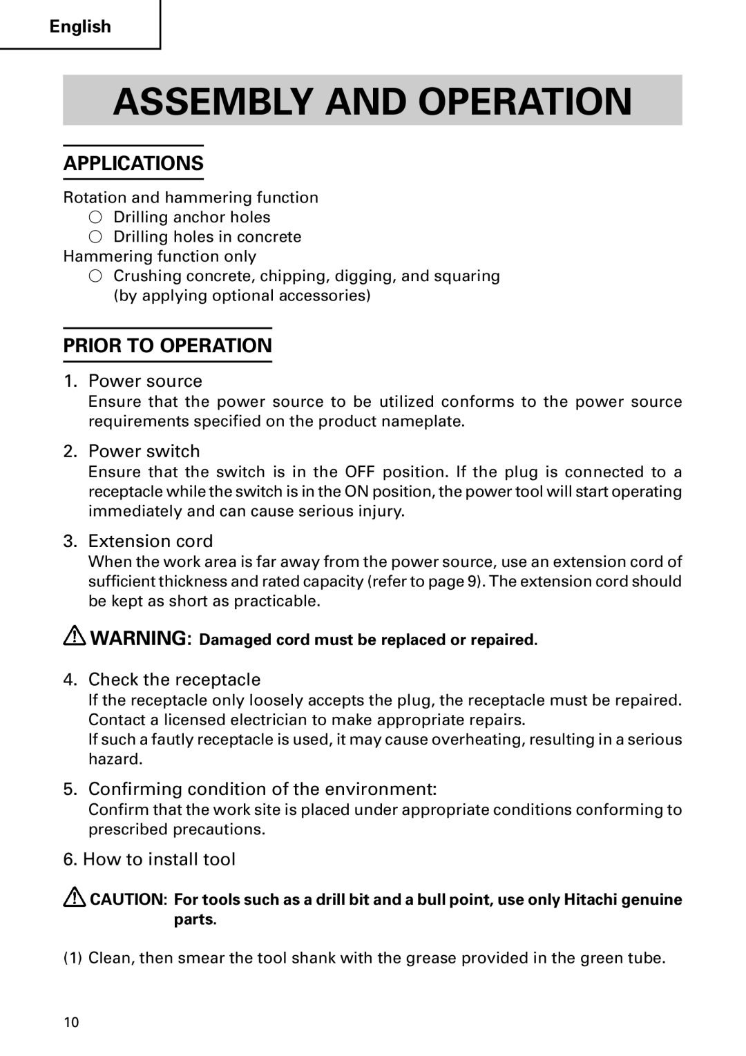 Hitachi DH40MB instruction manual Assembly and Operation, Applications, Prior to Operation 