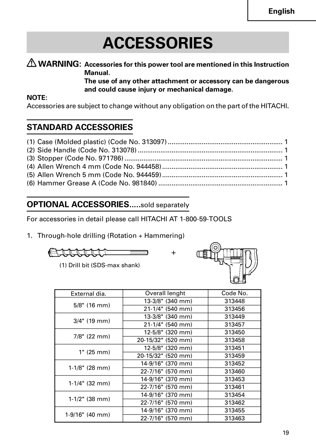 Hitachi DH40MB instruction manual Standard Accessories 