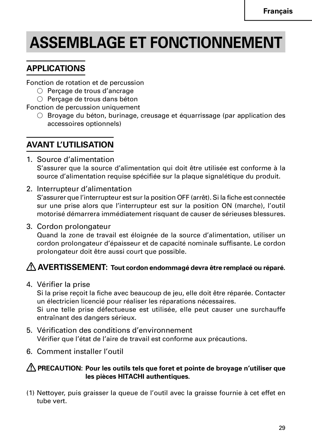 Hitachi DH40MB instruction manual Avant L’UTILISATION 