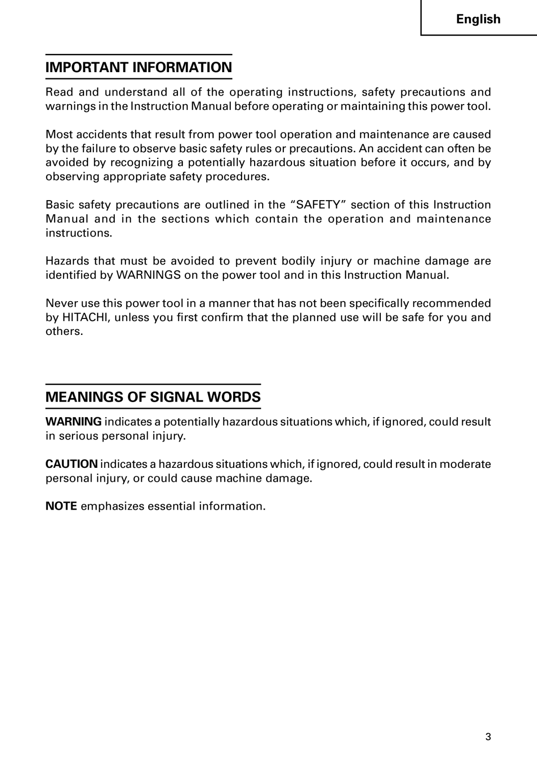 Hitachi DH40MB instruction manual Important Information, Meanings of Signal Words 