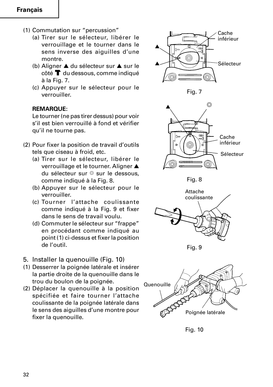 Hitachi DH40MB instruction manual Installer la quenouille Fig 