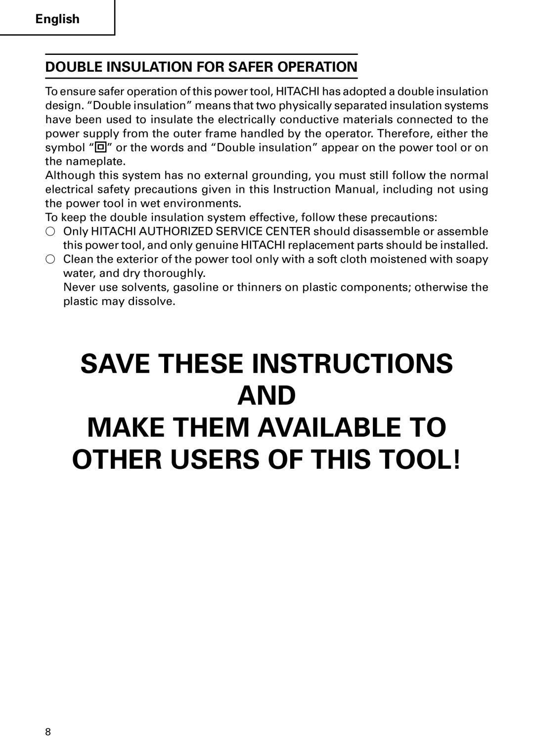 Hitachi DH40MB instruction manual Double Insulation for Safer Operation 