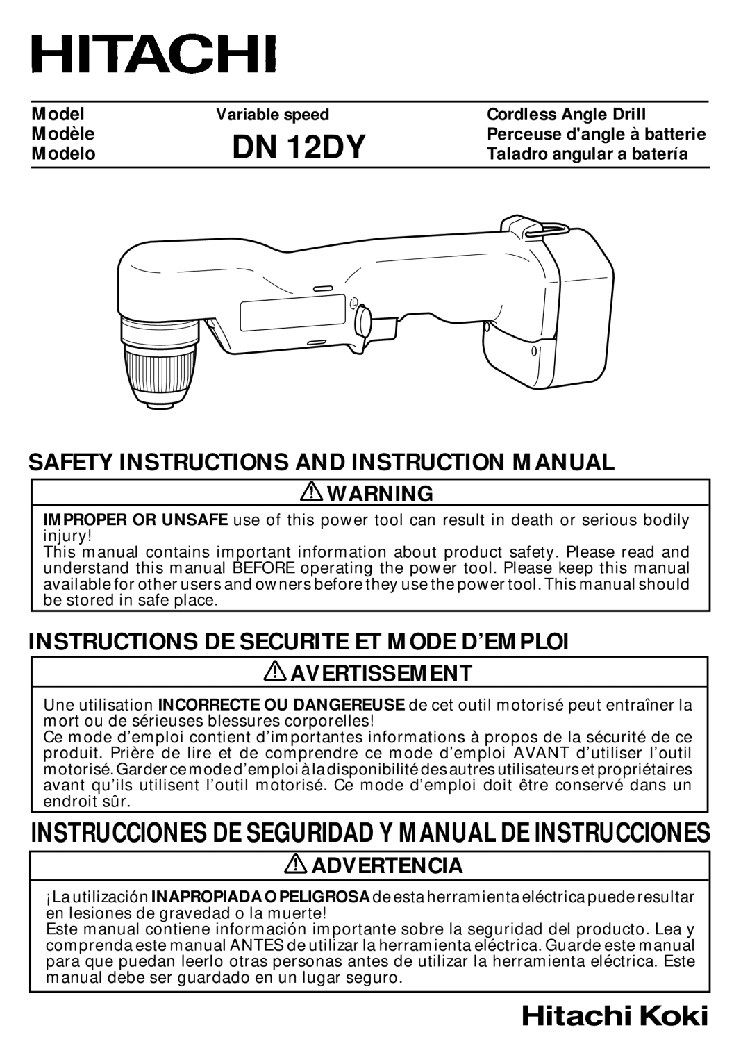 Hitachi DN 12DY instruction manual Avertissement, Advertencia, Variable speed, Perceuse dangle à batterie 