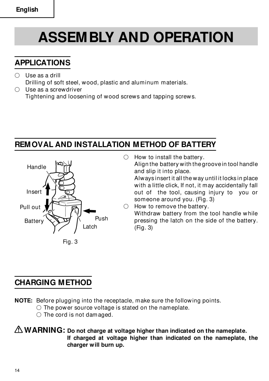 Hitachi DN 12DY Assembly and Operation, Applications, Removal and Installation Method of Battery, Charging Method 