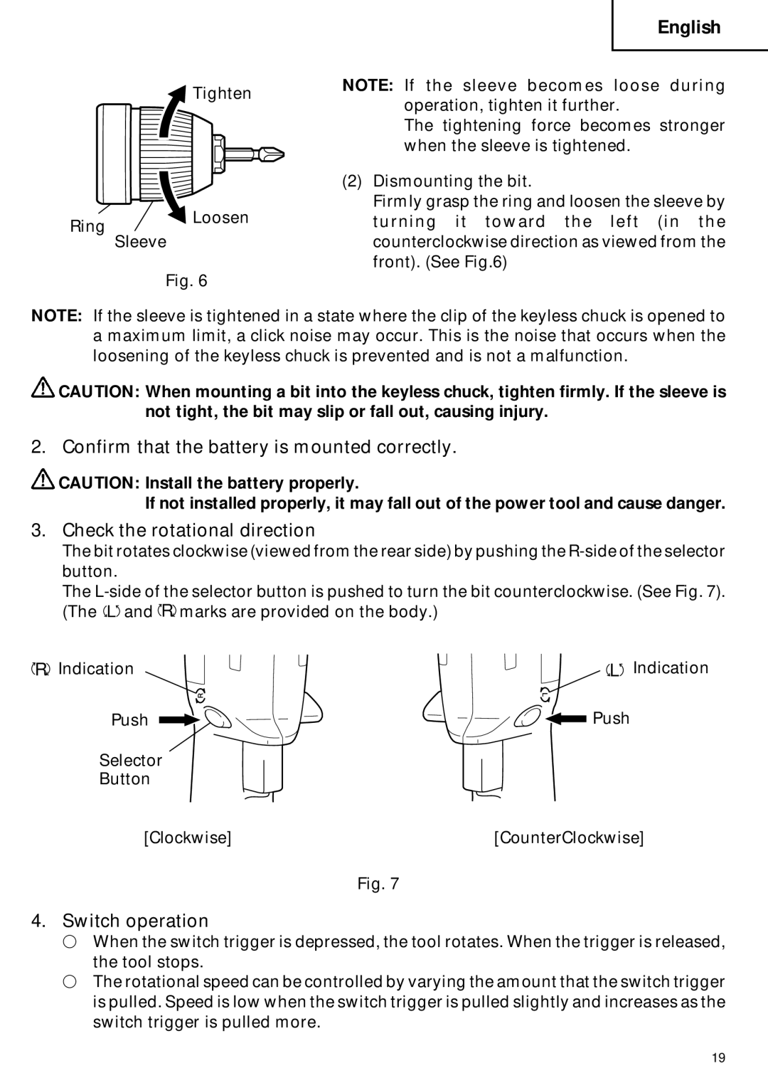 Hitachi DN 12DY Confirm that the battery is mounted correctly, Check the rotational direction, Switch operation 