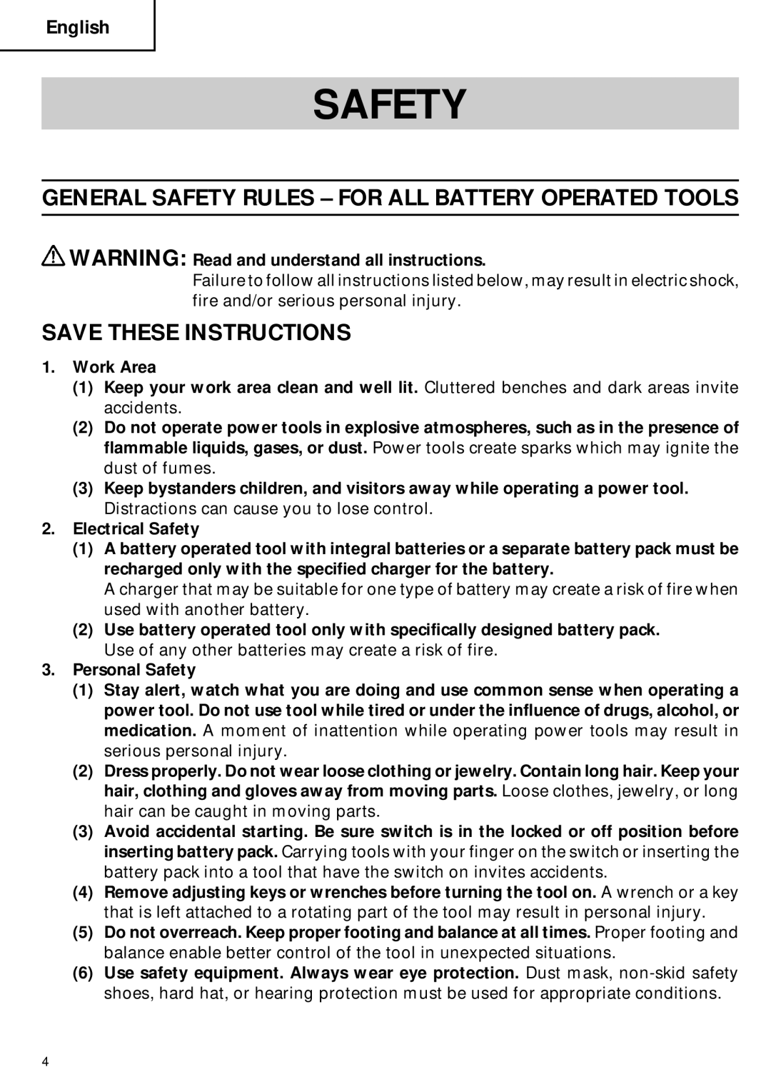 Hitachi DN 12DY instruction manual General Safety Rules for ALL Battery Operated Tools 