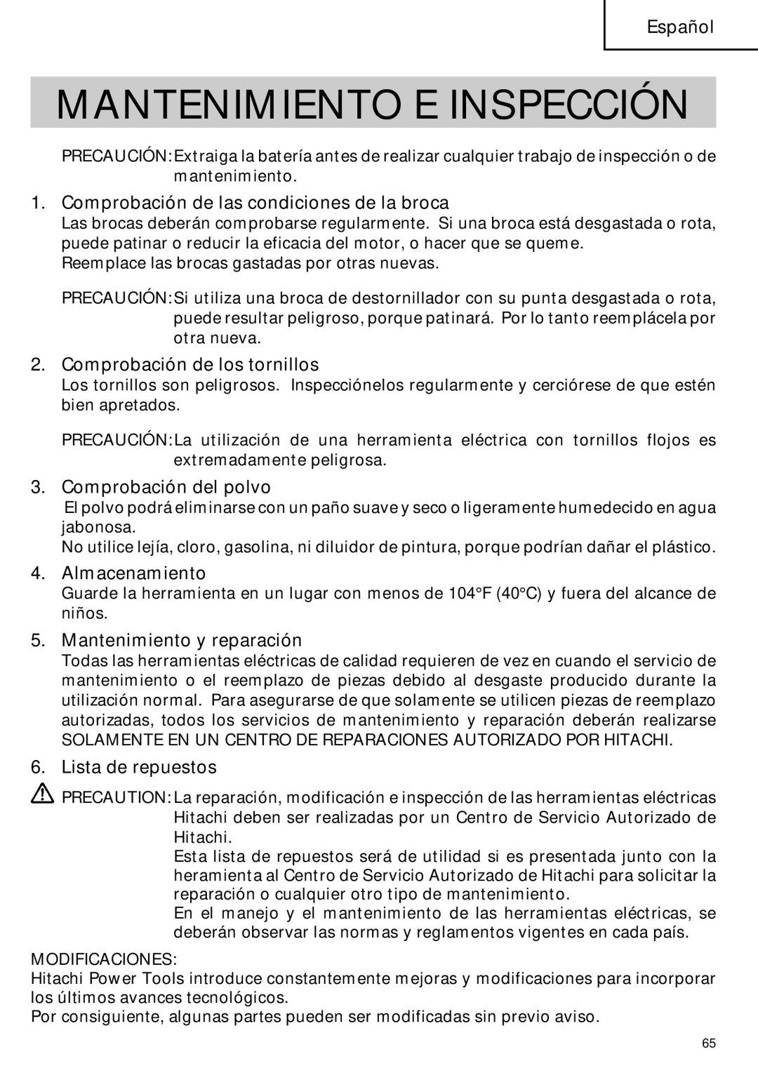 Hitachi DN 12DY instruction manual Mantenimiento E Inspección 