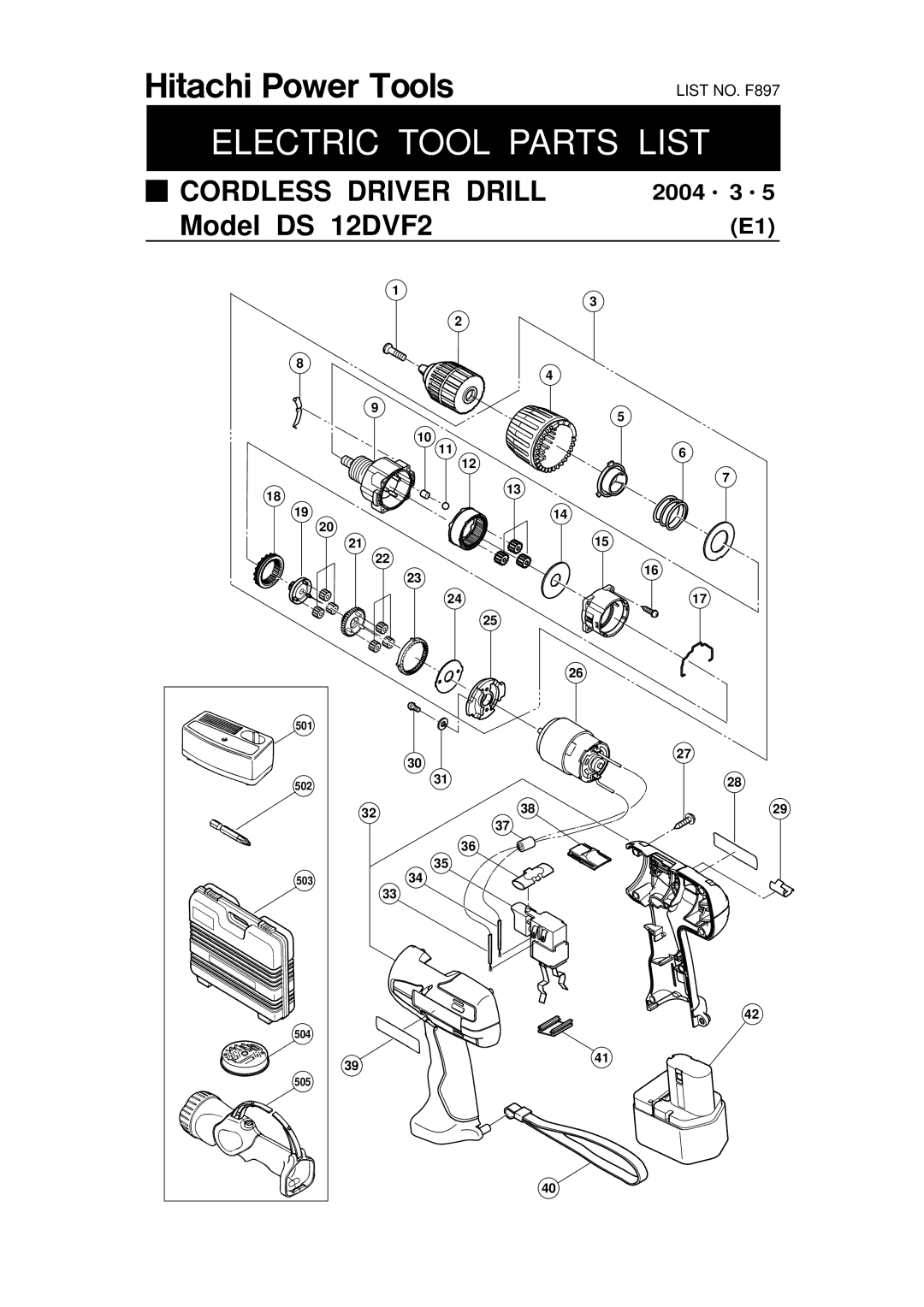 Hitachi DS 12DVF2 manual Electric Tool Parts List 