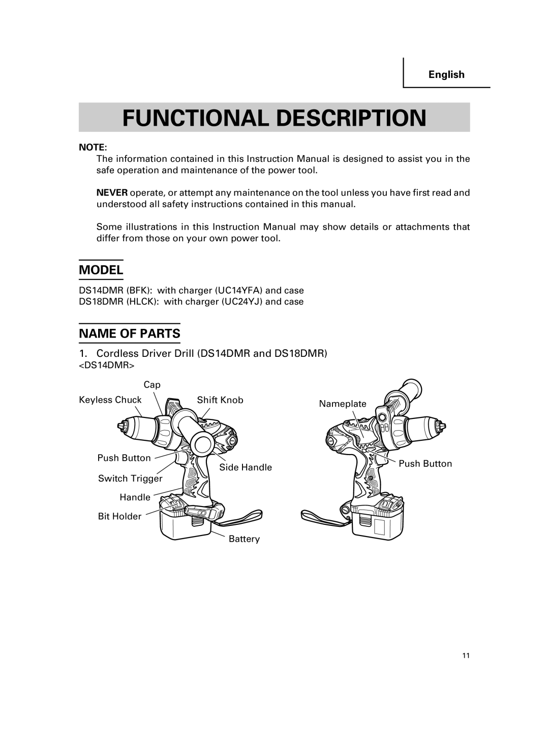 Hitachi DS 18DMR, DS 14DMR Functional Description, Model, Name of Parts, Cordless Driver Drill DS14DMR and DS18DMR 