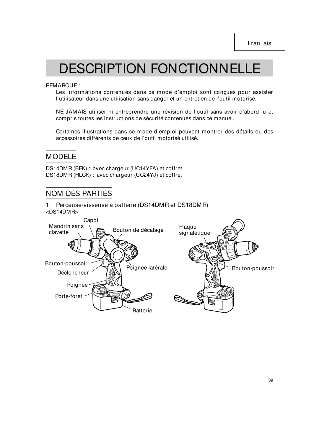 Hitachi DS 18DMR Description Fonctionnelle, Modele, NOM DES Parties, Perceuse-visseuse à batterie DS14DMR et DS18DMR 