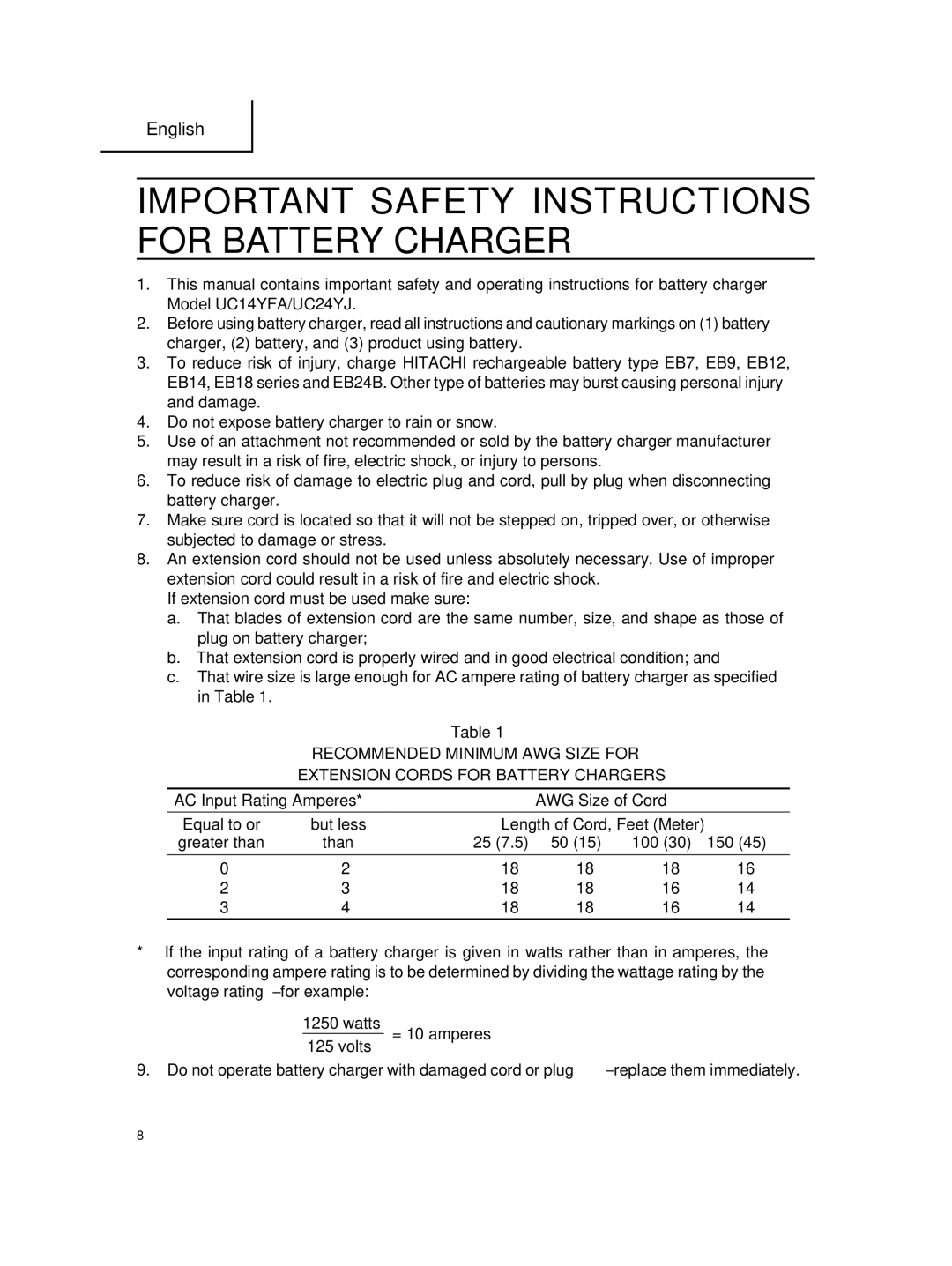 Hitachi DS 14DMR, DS 18DMR instruction manual Important Safety Instructions for Battery Charger 