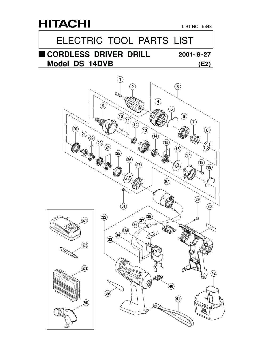 Hitachi DS 14DVB manual Electric Tool Parts List 