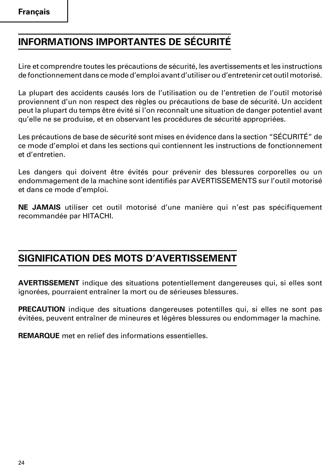 Hitachi DS14DVF, DS 14DVF, DS 9DVFDS 12DVF Informations Importantes DE Sécurité, Signification DES Mots D’AVERTISSEMENT 