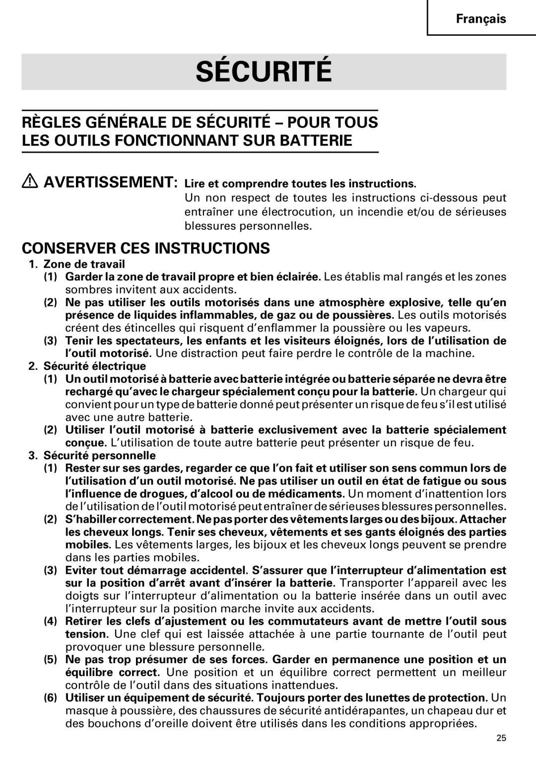 Hitachi DS 14DVF, DS14DVF Sécurité, Conserver CES Instructions, Avertissement Lire et comprendre toutes les instructions 