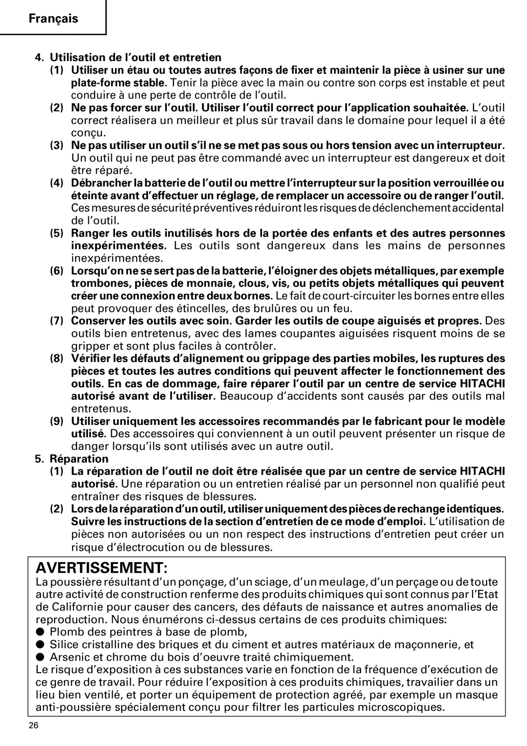 Hitachi DS 9DVFDS 12DVF, DS14DVF, DS 14DVF instruction manual Avertissement 