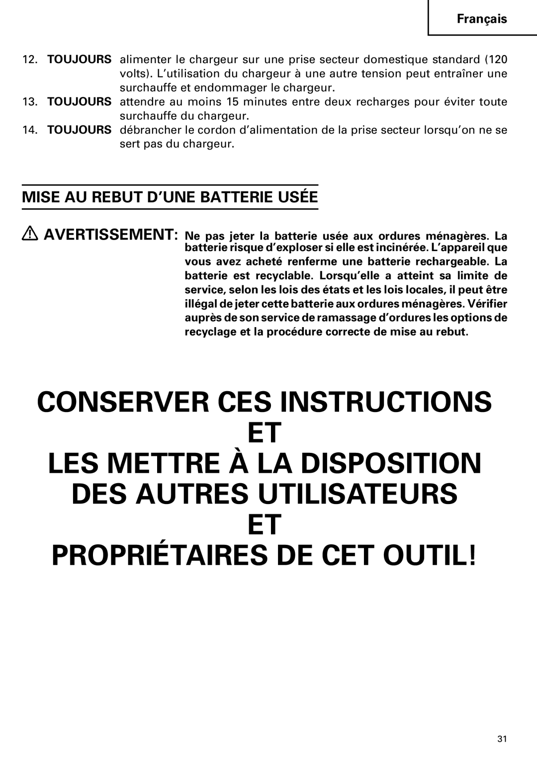 Hitachi DS 14DVF, DS14DVF, DS 9DVFDS 12DVF instruction manual Mise AU Rebut D’UNE Batterie Usée 