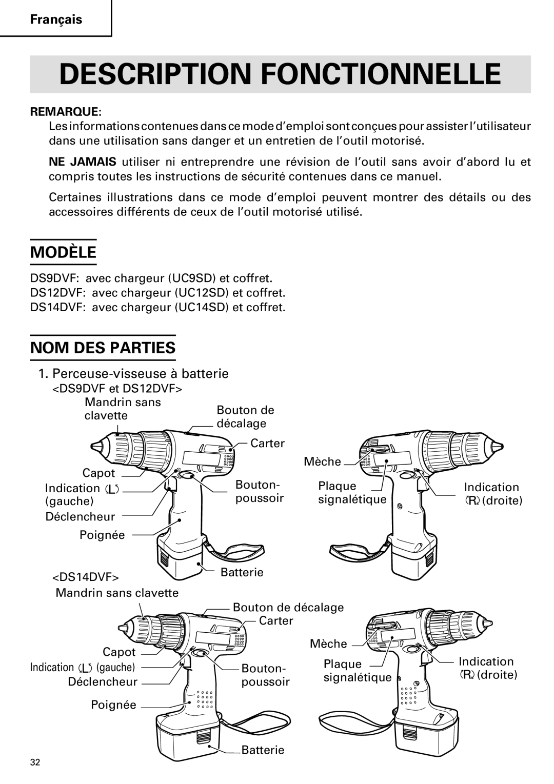 Hitachi DS 9DVFDS 12DVF Description Fonctionnelle, Modèle, NOM DES Parties, Perceuse-visseuse à batterie, Remarque 