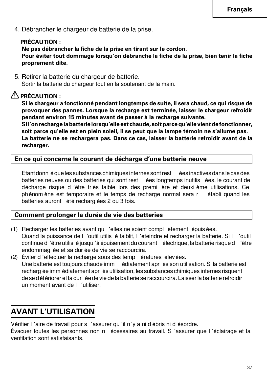 Hitachi DS 14DVF, DS14DVF, DS 9DVFDS 12DVF Avant L’UTILISATION, Débrancher le chargeur de batterie de la prise, Précaution 