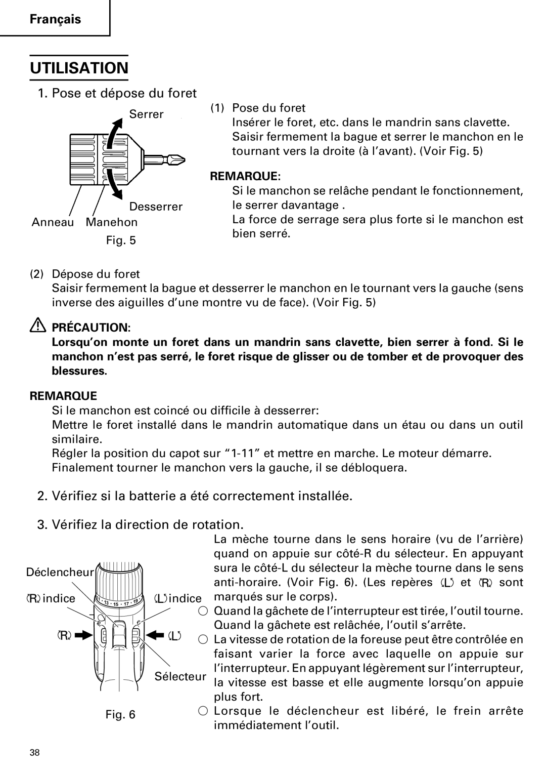 Hitachi DS 9DVFDS 12DVF, DS14DVF, DS 14DVF instruction manual Utilisation, Pose et dépose du foret 