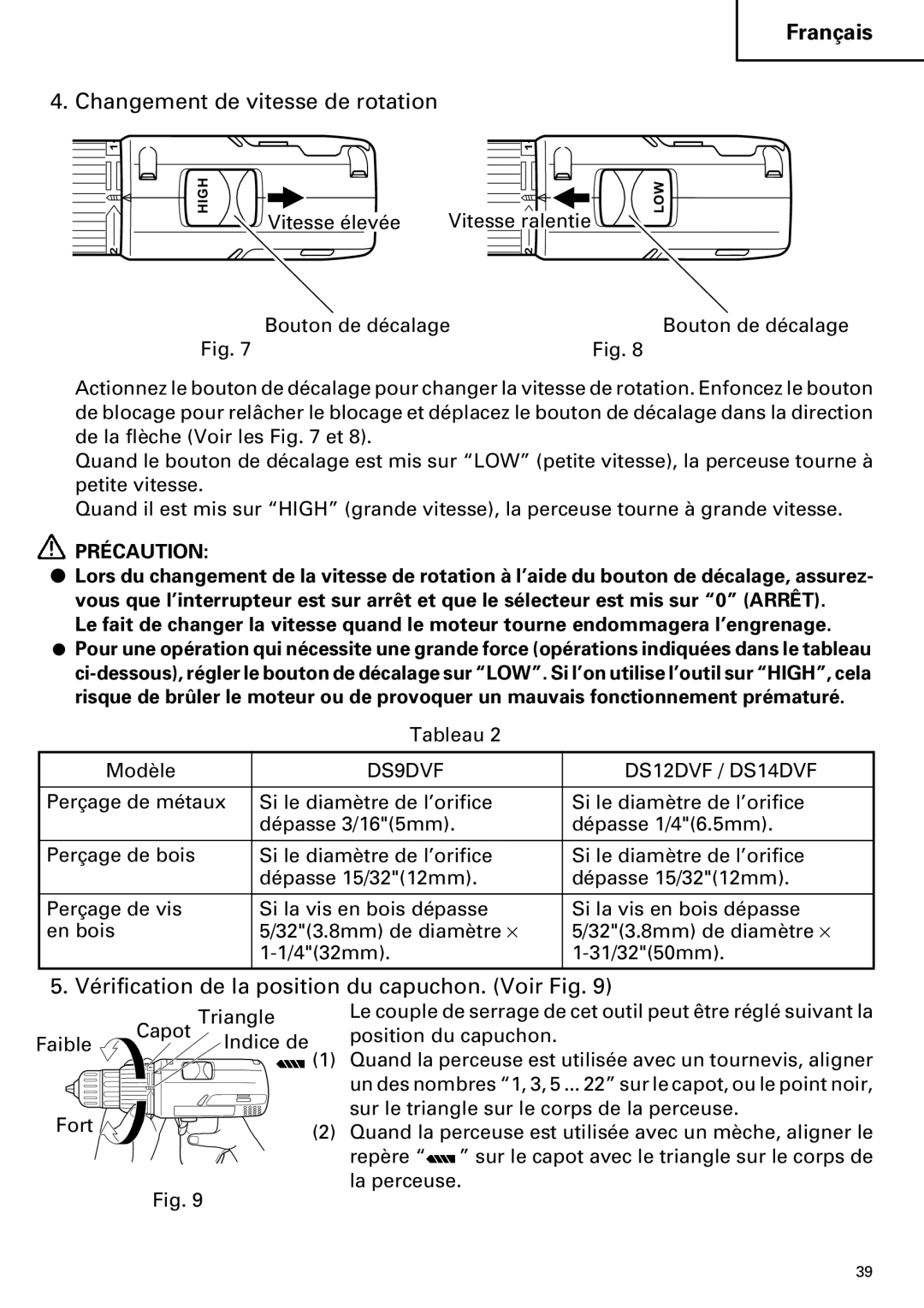 Hitachi DS14DVF, DS 14DVF Changement de vitesse de rotation, Vérification de la position du capuchon. Voir Fig 