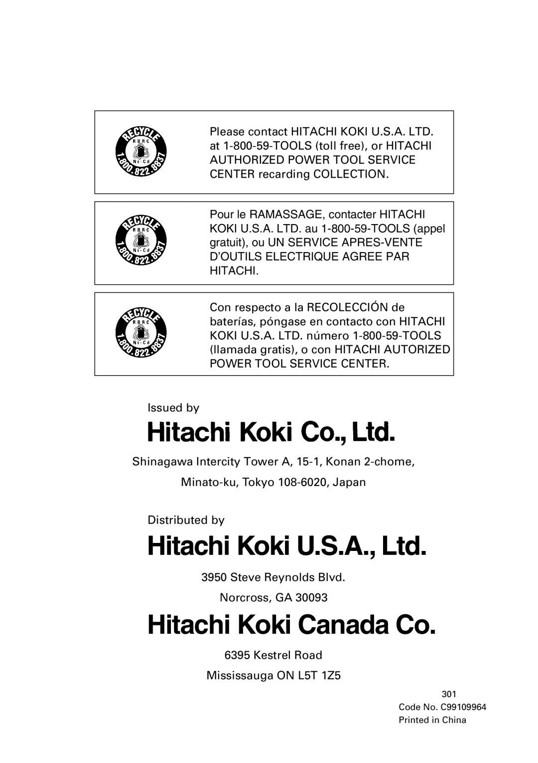 Hitachi DS14DVF, DS 14DVF, DS 9DVFDS 12DVF instruction manual Hitachi Koki Canada Co 