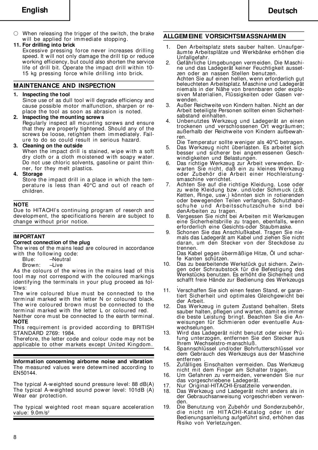 Hitachi DV 10DVA manual English Deutsch, Maintenance and Inspection, Allgemeine Vorsichtsmassnahmen 