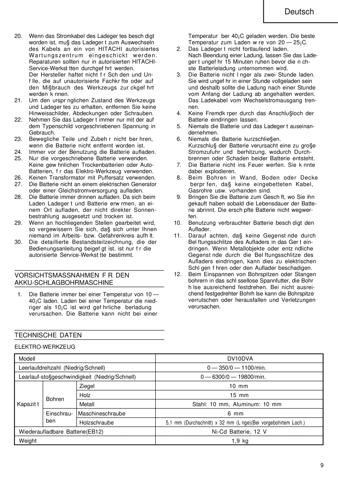 Hitachi DV 10DVA manual Vorsichtsmassnahmen FÜR DEN AKKU-SCHLAGBOHRMASCHINE, Technische Daten, Elektro-Werkzeug 