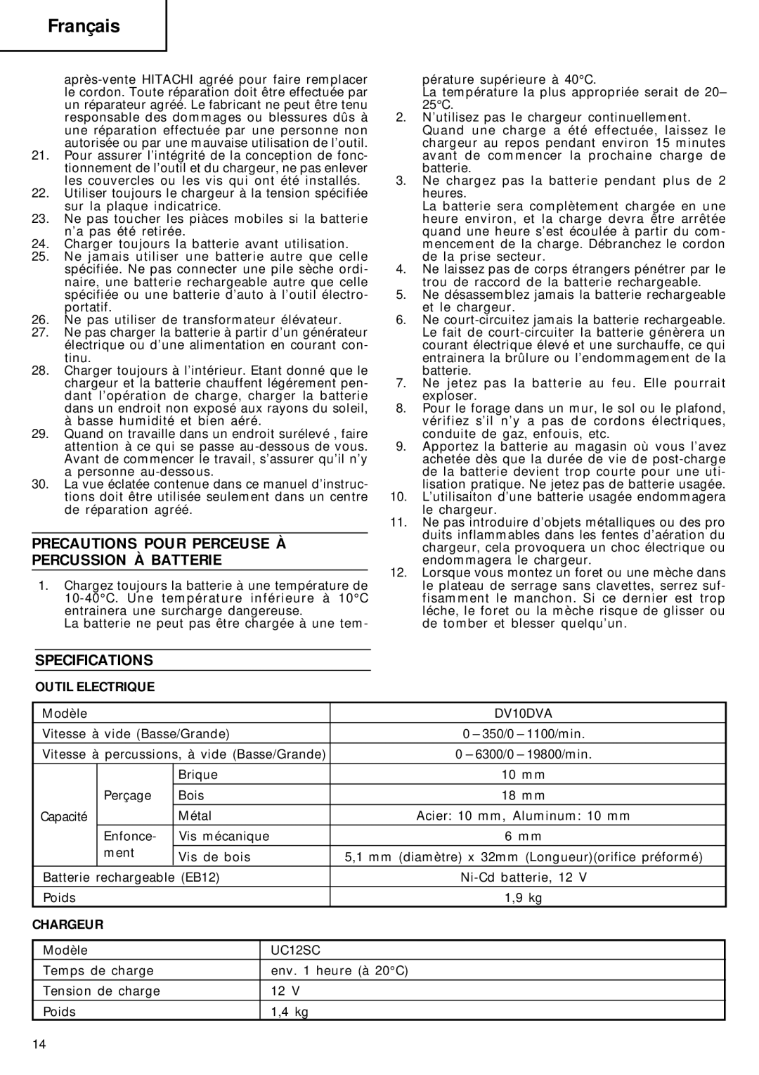 Hitachi DV 10DVA manual Precautions Pour Perceuse À Percussion À Batterie, Outil Electrique, Chargeur 