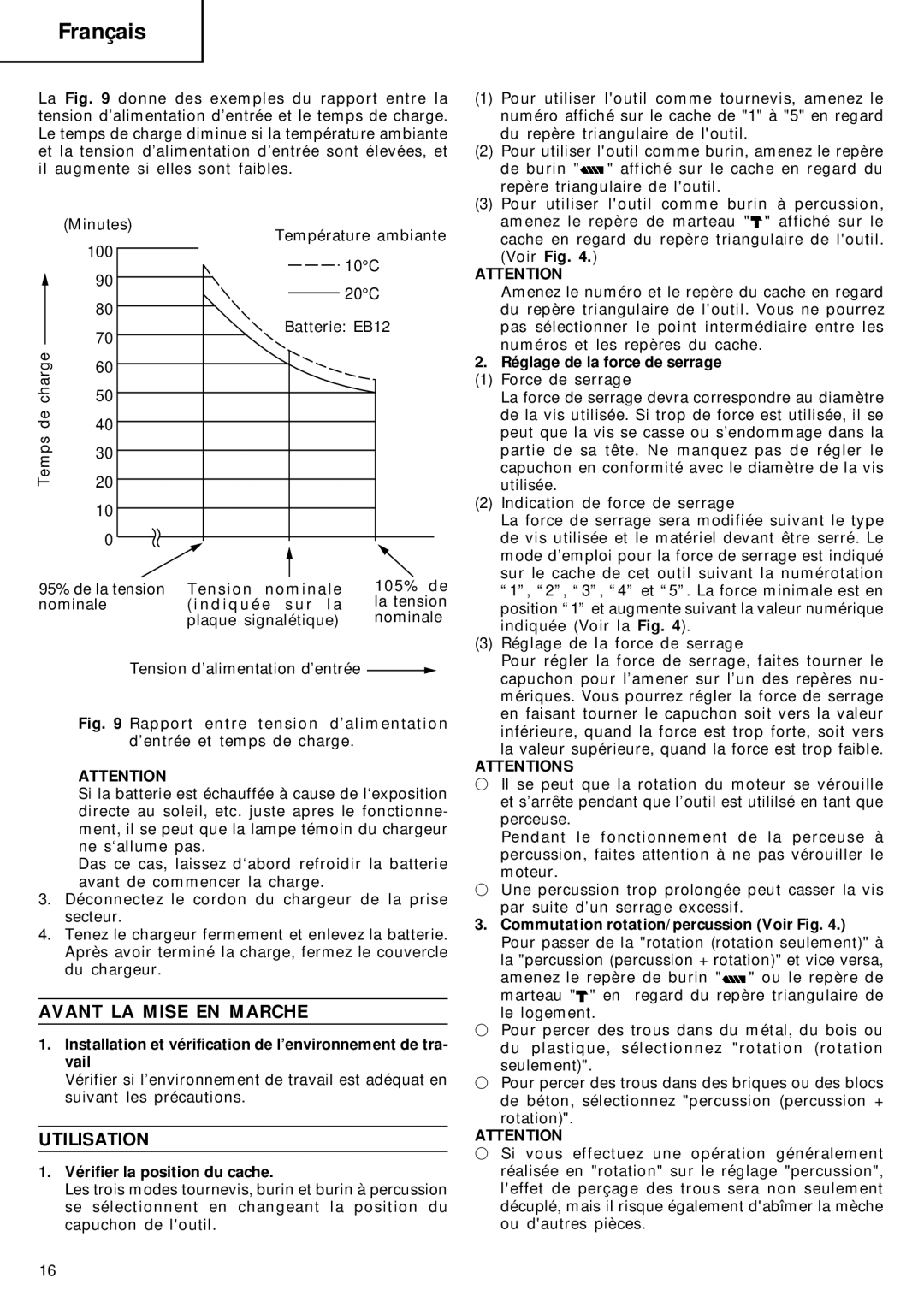 Hitachi DV 10DVA manual Avant LA Mise EN Marche, Utilisation, Vérifier la position du cache, Réglage de la force de serrage 