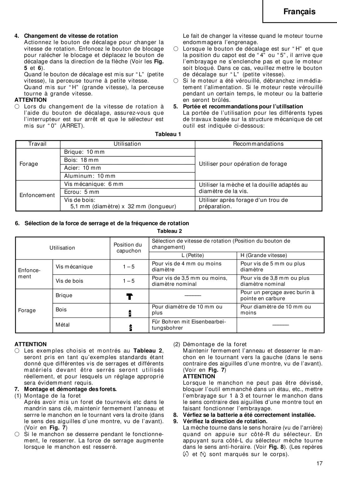 Hitachi DV 10DVA manual Changement de vitesse de rotation, Portée et recommandations pour l’utillsation, Tableau 