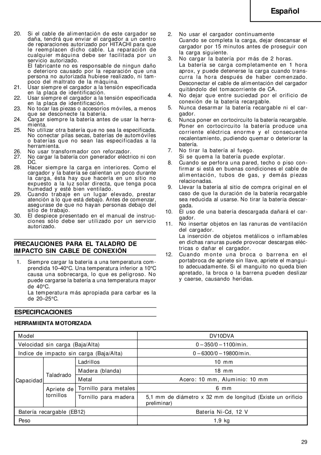 Hitachi DV 10DVA manual Especificaciones, Herramienta Motorizada 