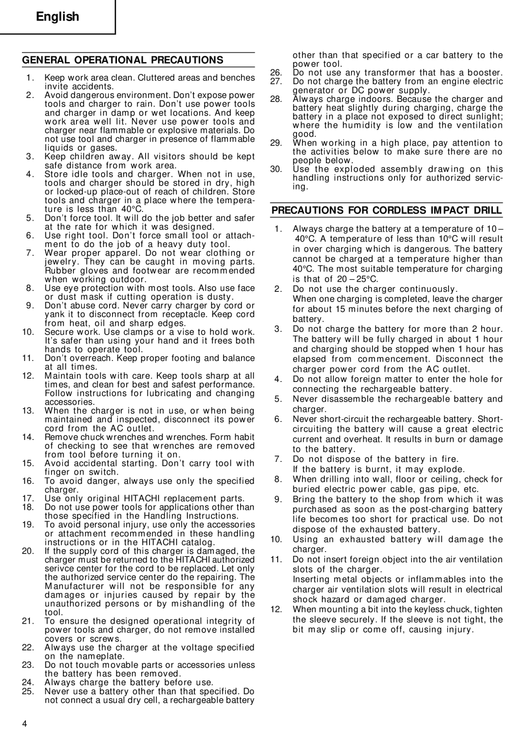 Hitachi DV 10DVA manual English, General Operational Precautions, Precautions for Cordless Impact Drill 