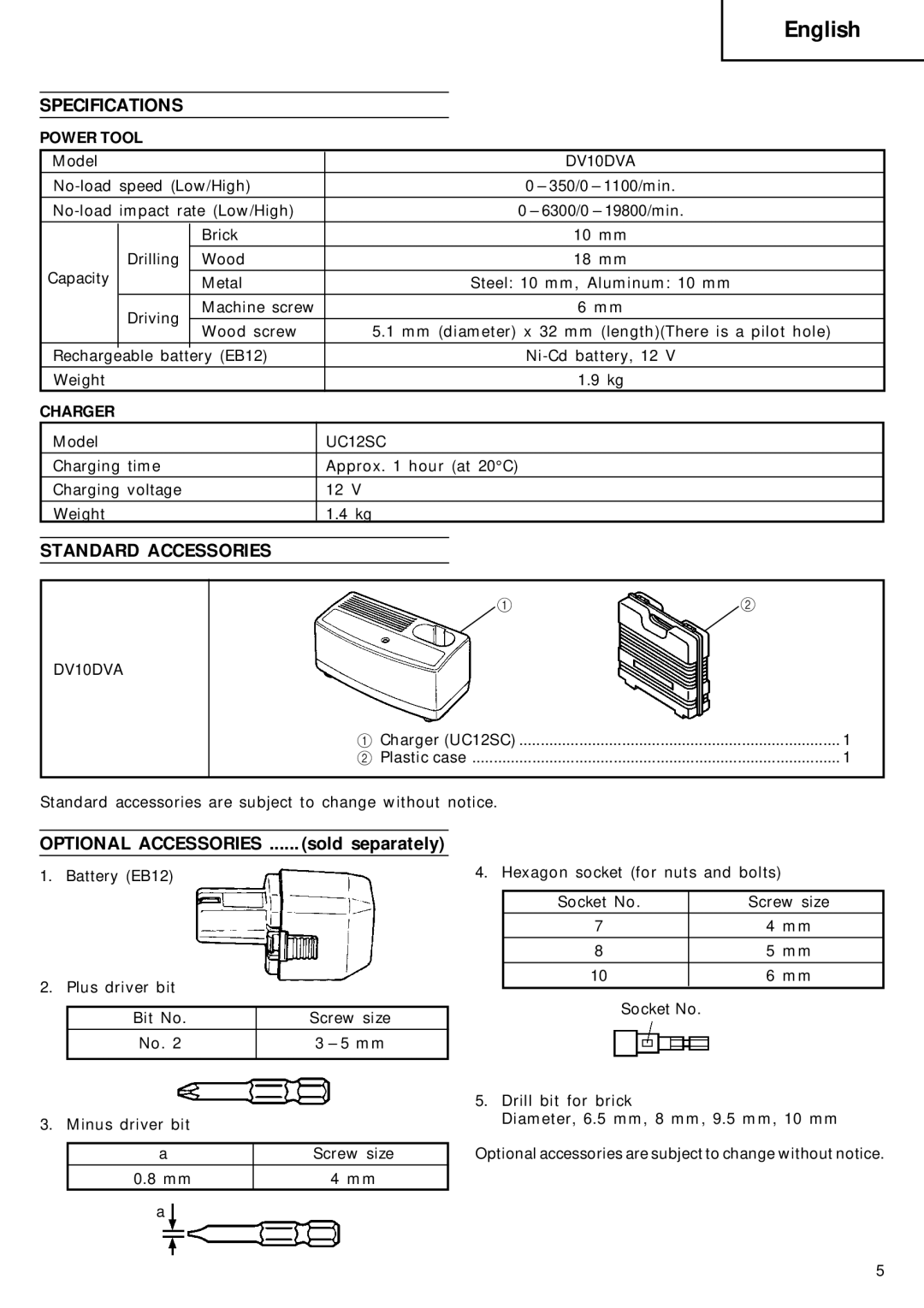 Hitachi DV 10DVA manual Specifications, Standard Accessories, Optional Accessories, Power Tool, Charger 