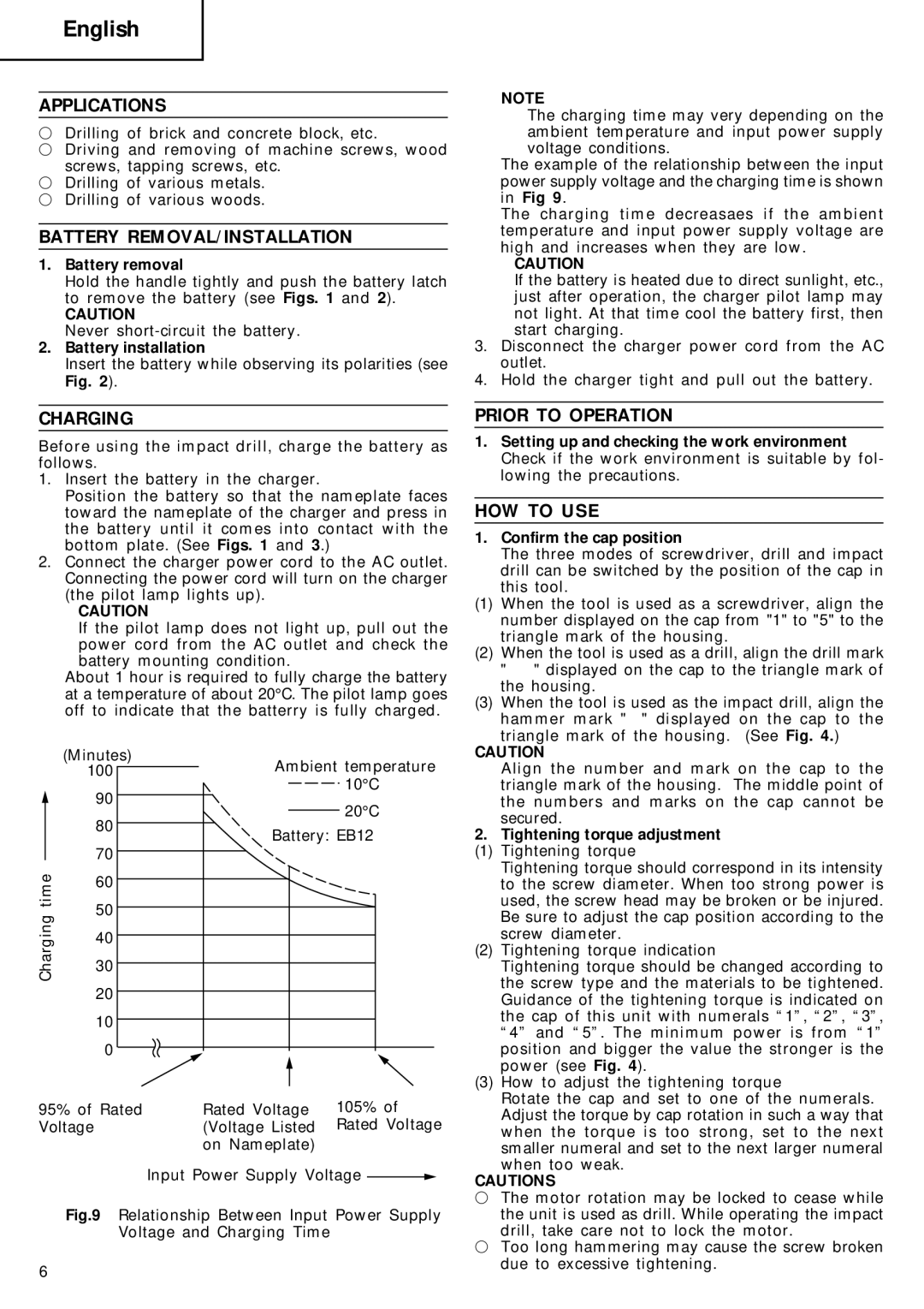 Hitachi DV 10DVA manual Applications, Battery REMOVAL/INSTALLATION, Charging, Prior to Operation, HOW to USE 