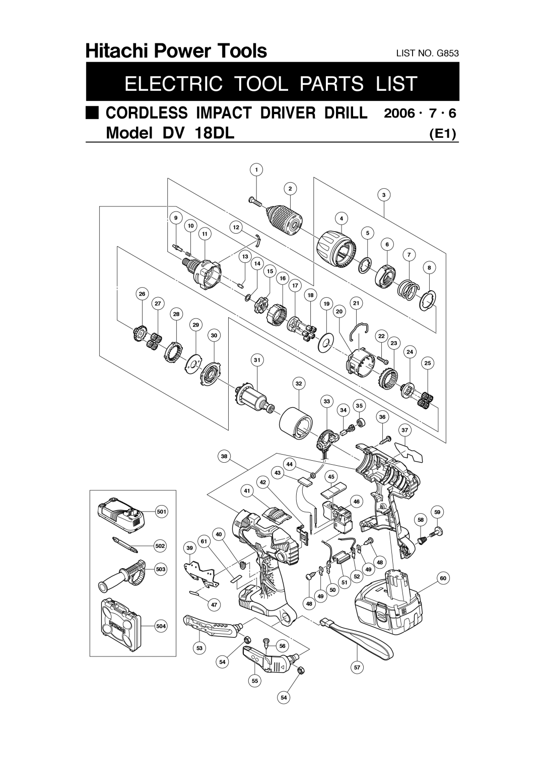 Hitachi DV 18 DL manual Electric Tool Parts List 