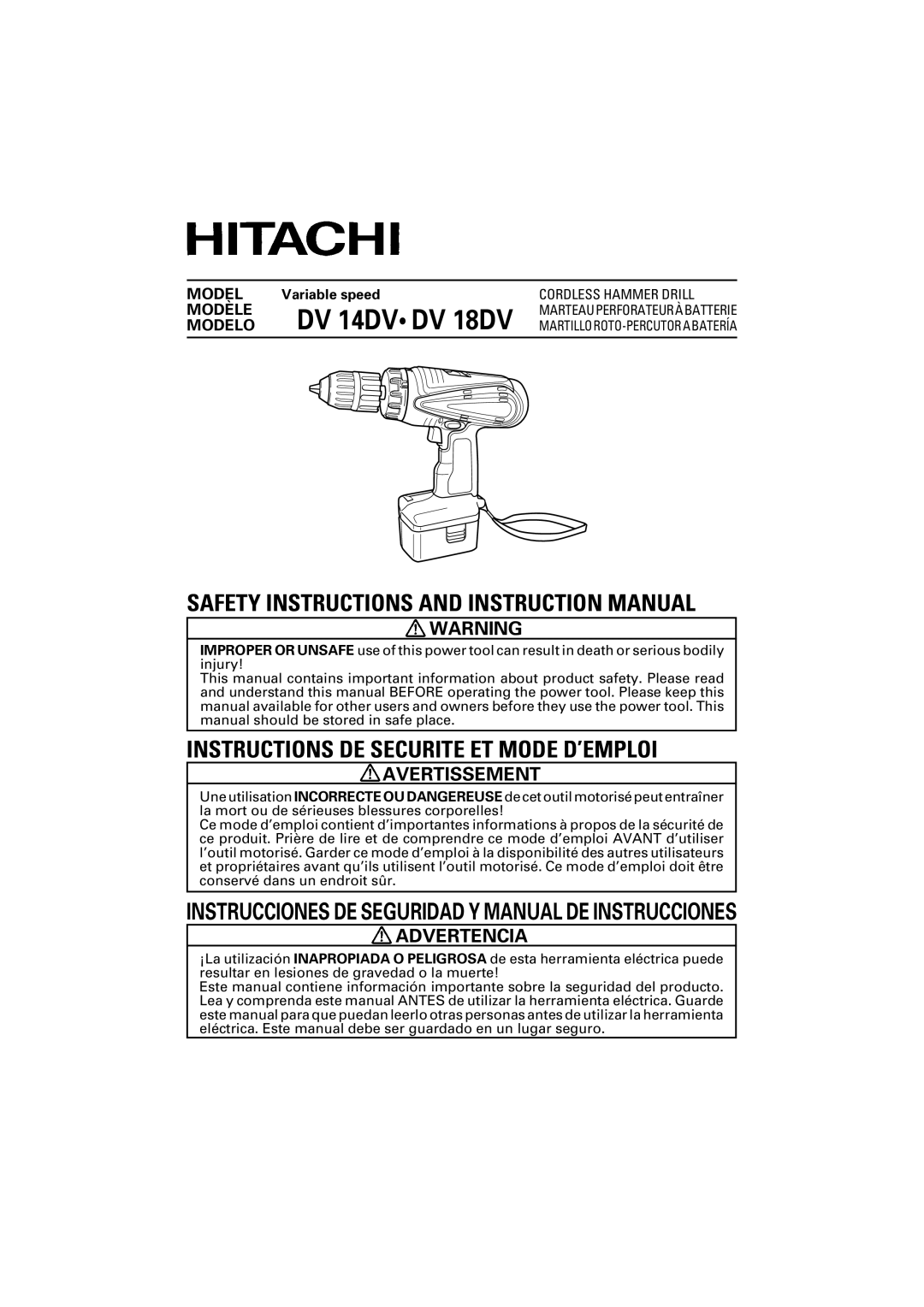 Hitachi DV 14DV, DV 18DV instruction manual Avertissement, Advertencia, Variable speed 