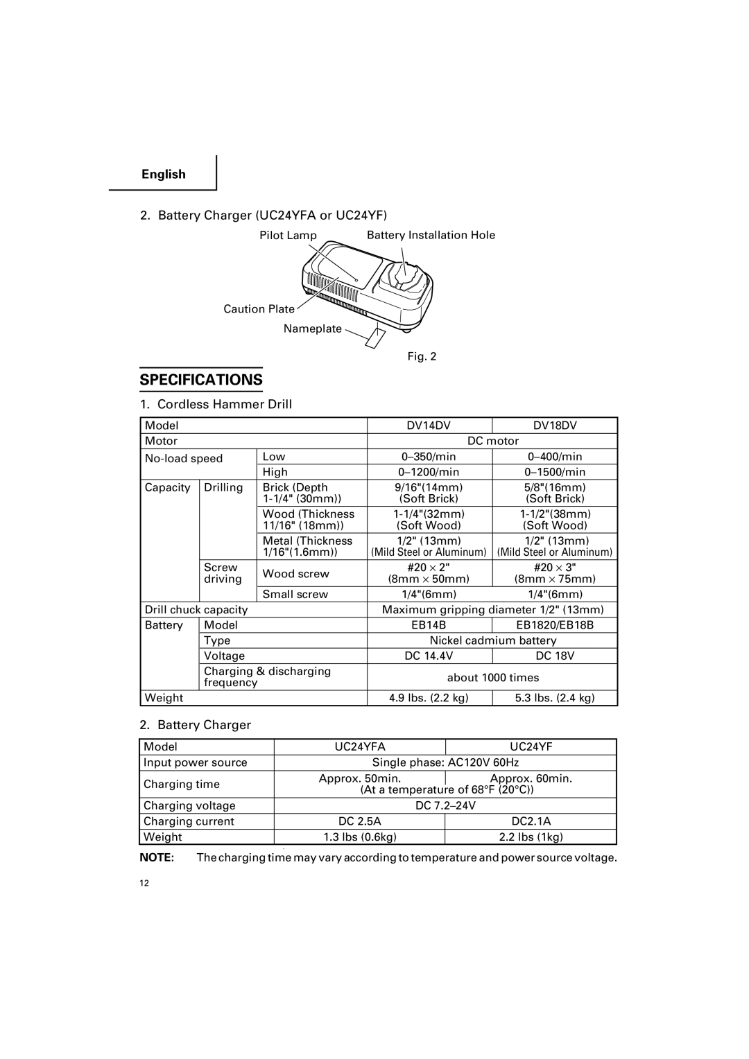 Hitachi DV 18DV, DV 14DV instruction manual Specifications, Battery Charger UC24YFA or UC24YF, Cordless Hammer Drill 