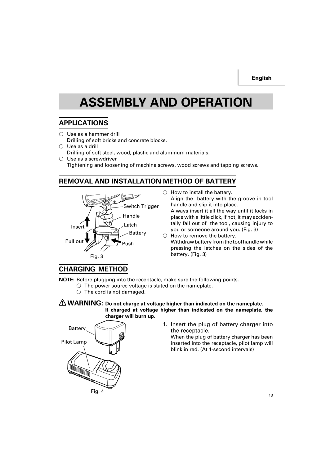 Hitachi DV 14DV, DV 18DV Assembly and Operation, Applications, Removal and Installation Method of Battery, Charging Method 