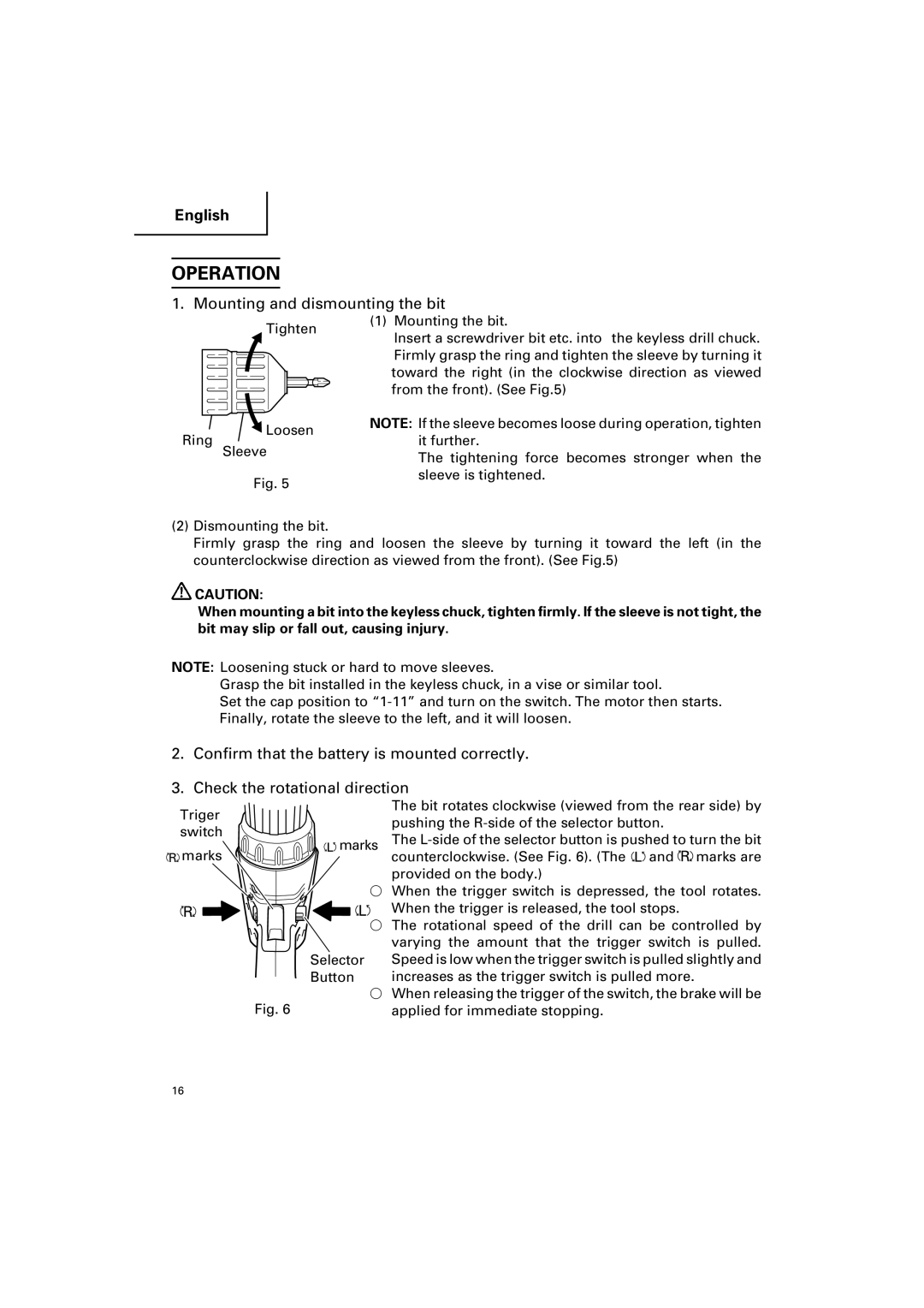 Hitachi DV 18DV, DV 14DV instruction manual Operation, Mounting and dismounting the bit 