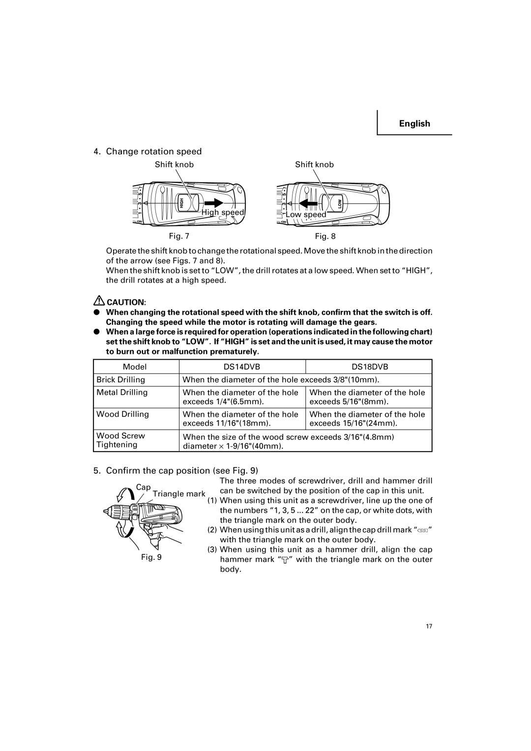 Hitachi DV 14DV, DV 18DV instruction manual Change rotation speed, Confirm the cap position see Fig 