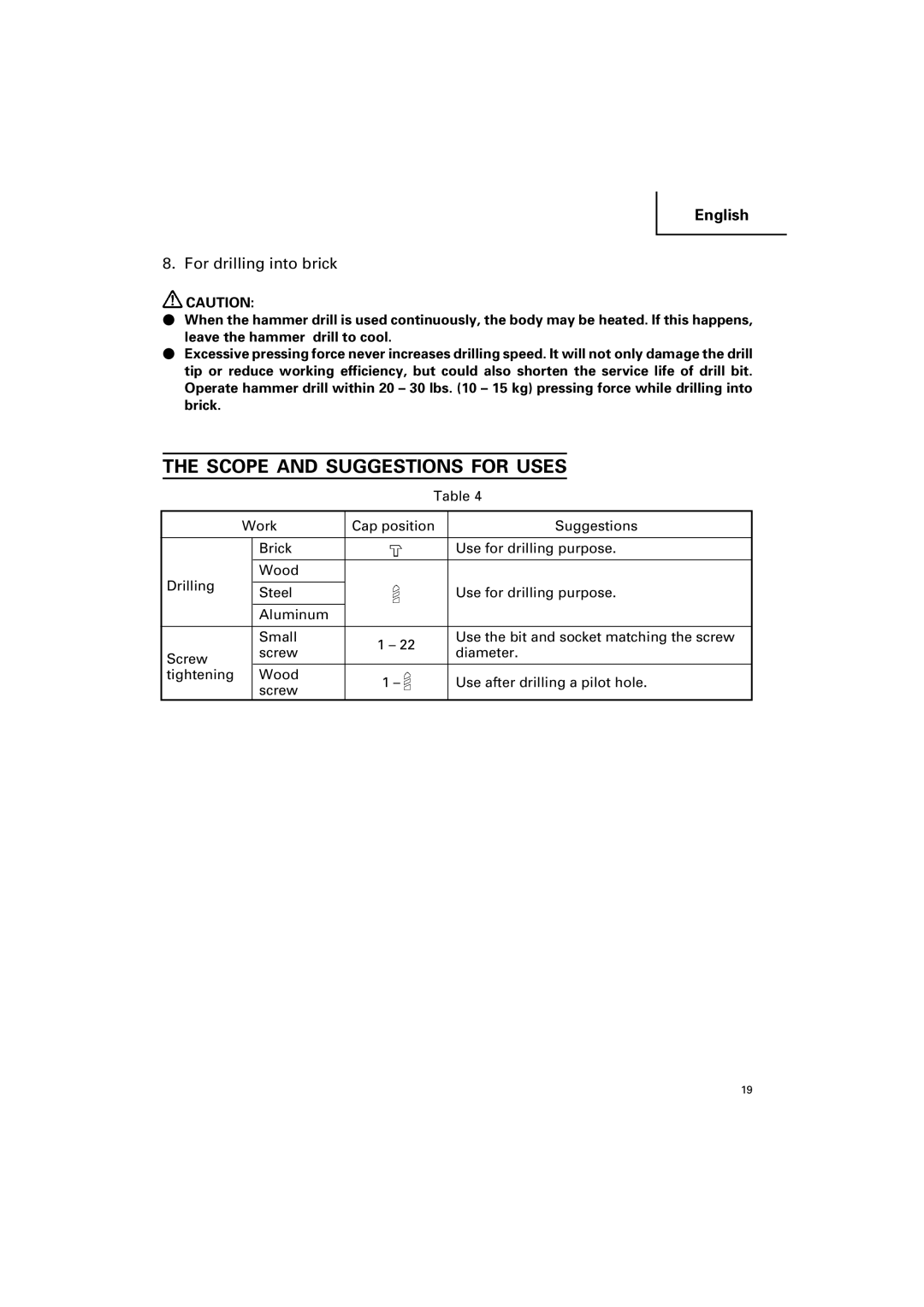 Hitachi DV 14DV, DV 18DV instruction manual Scope and Suggestions for Uses, For drilling into brick 